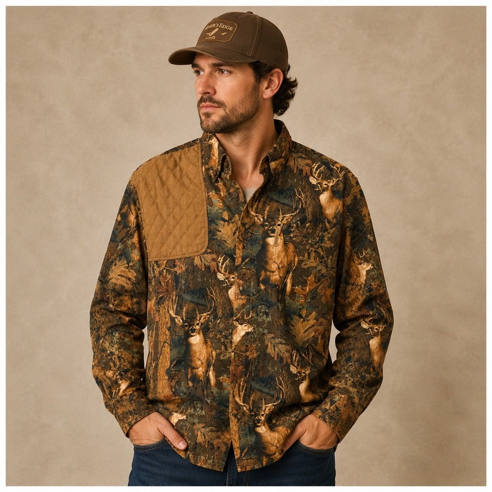 North River‎ Outfitters Mens Buck Deer Forest Print Shooting Shirt Brown XL